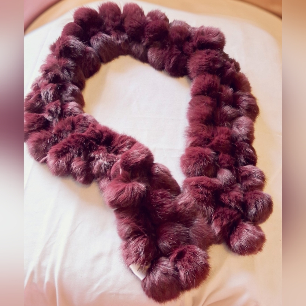Luxurious 54" Genuine Rabbit Fur Pom-Pom Scarf - Deep Burgundy